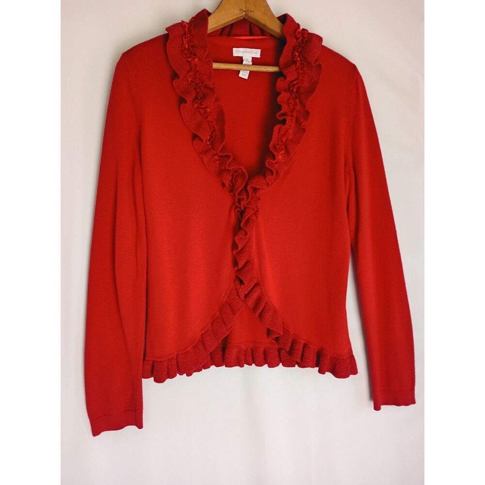 Charter Club Red Cardigan Sweater Women Sz M Wool Blended Ruffled Holidays